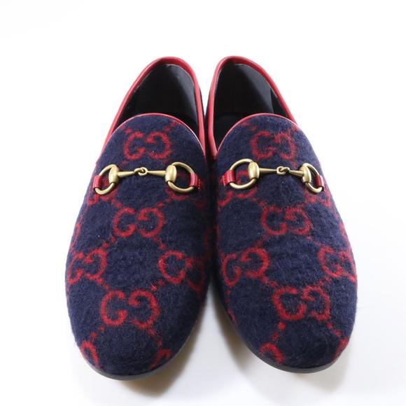 Jordaan GG Print Horsebit Classic Wool Navy Red Flannel Loafers D096 - Picture 4 of 12